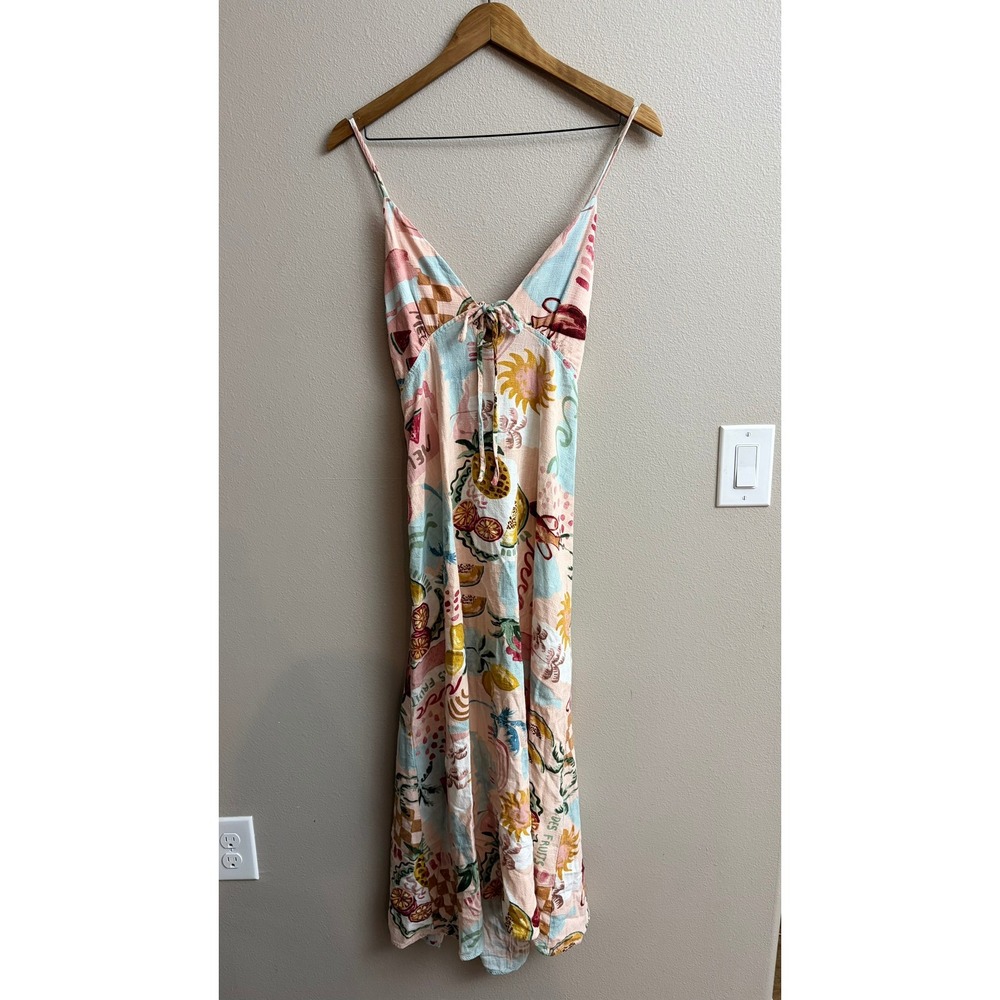 Paper Heart Midi Dress XL Tropical Fruit Print Linen Blend Cutout Back Summer